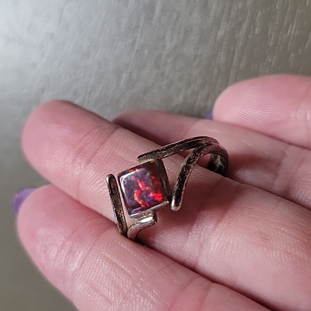 Ted Ott Sterling Silver & Red Pink Speckle Jewel Ring Mid Century Modern Vintage - Picture 9 of 17